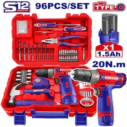 Coffret Visseuse 12V avec 96 outils & accessoires EEDK09601 Emtop Maroc